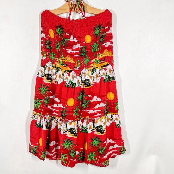 Strapless Halter Tropical Print Dress Floral Tie Waist Medium Beach Resort Wear - Picture 2 of 9